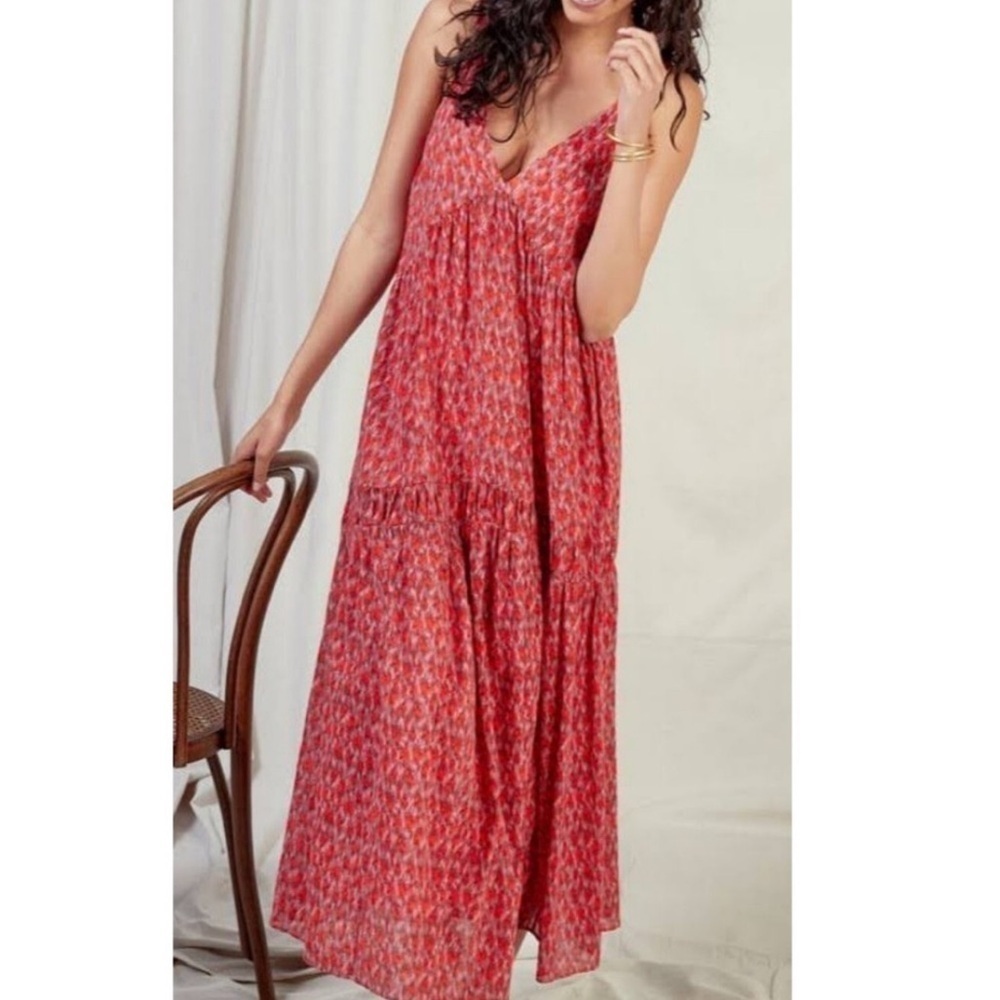 Nwt Joie Bondi Tiered Maxi Dress Red Pink Tea Rose Sleeveless V-Neck... - Picture 3 of 5